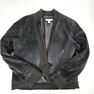 Coldwater Creek Black Suede Leather Jacket Knit Trim Single Button Womens Medium